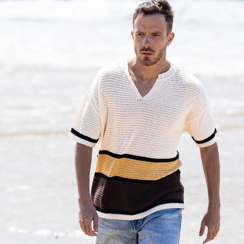 pull “NOMADE” écru jaune marron - Coton recyclé