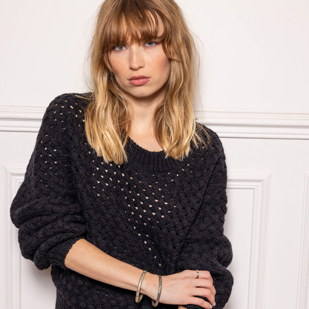 pull “MOSAÏQUE” noir - Laine recyclée