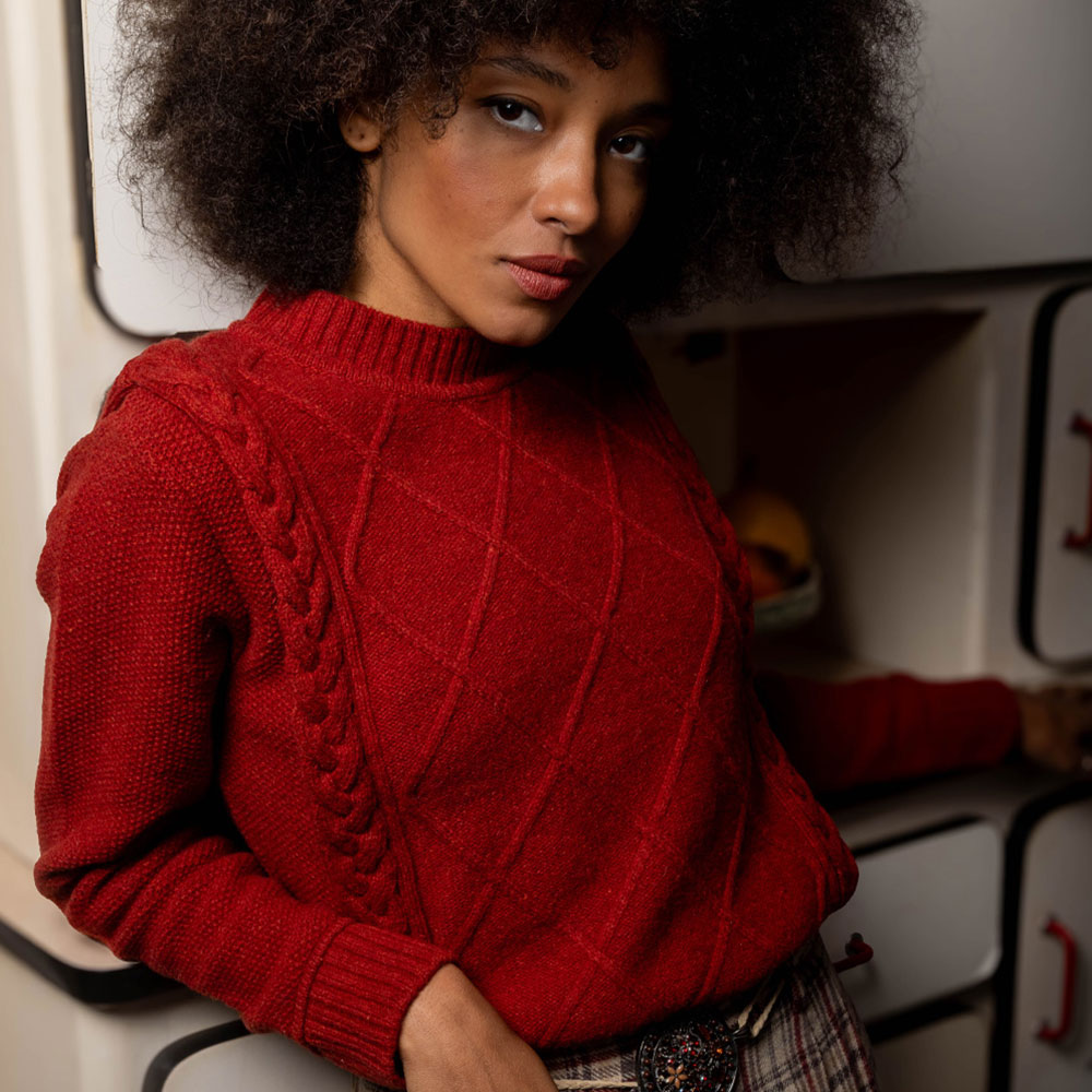 pull “NOSTALGIE” rouge laque - Laine recyclée