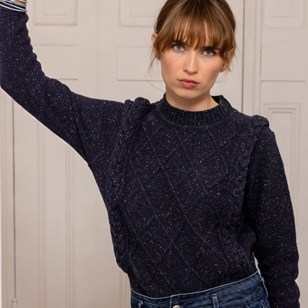 pull “NOSTALGIE” bleu marine tweedé - Laine recyclée